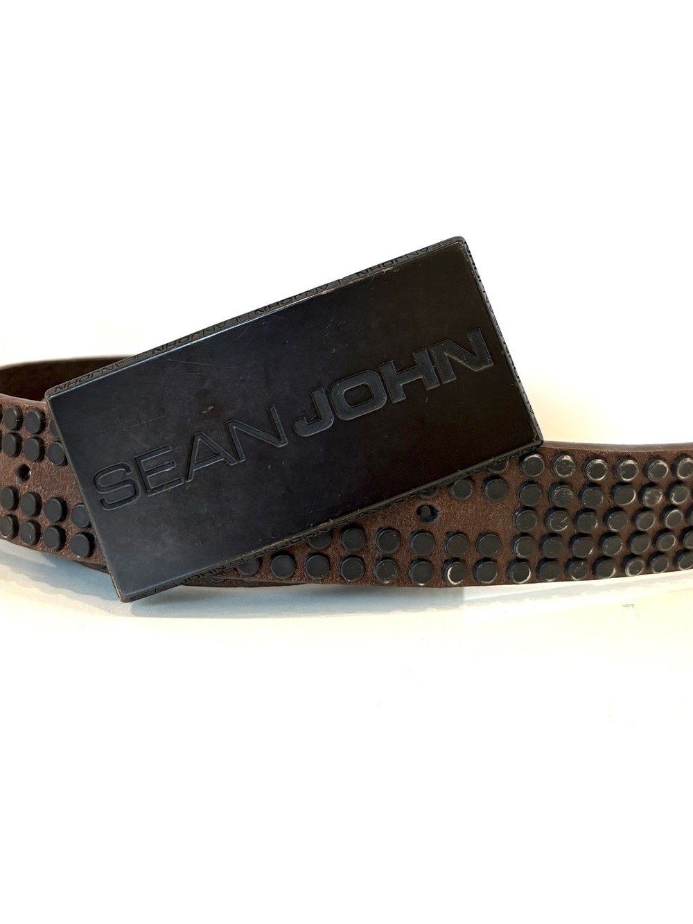 Vintage Y2K Sean John Studded Leather Plaque Belt Logo Buckle Brown Hip Hop